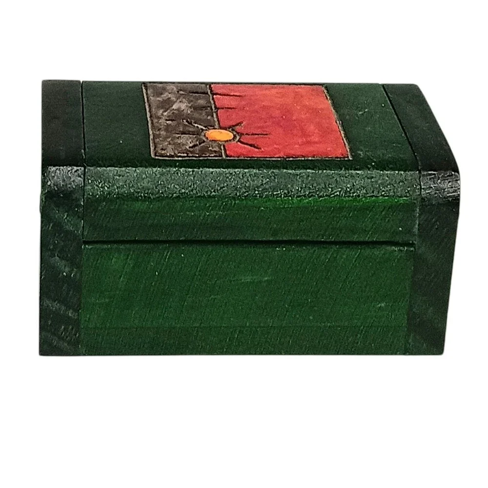Vintage Carved Wood Trinket Box Green Red Brown With Sun From Colombia 3x2x1.25